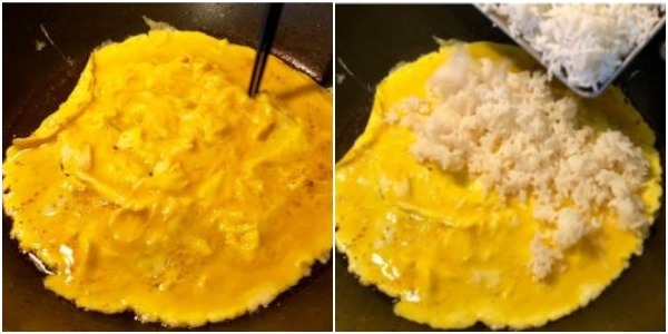 Hvordan lage stekt ris med egg: Fry eggene og tilsett ris