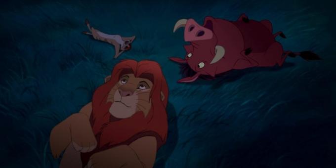 Cartoon "The Lion King": Simba, Timon og Pumbaa er under nattehimmelen og tenke på natur stjerner