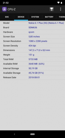 Gjennomgang av Nokia 6.1 Plus: CPU-Z (fortsatt)