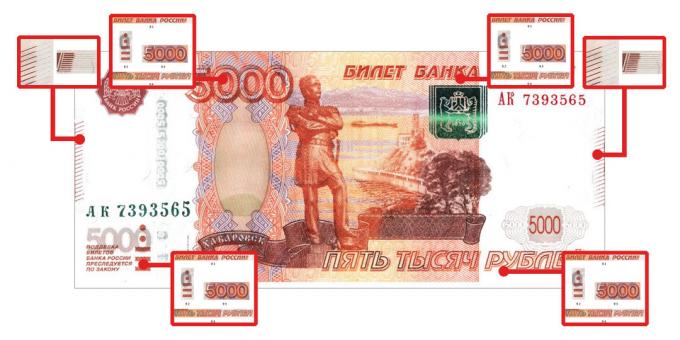 falske penger: ekthets som er synlige for berøring, til 5000 rubler