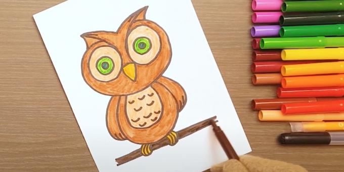 Hvordan tegne en ugle: mal over øynene, bena og en gren
