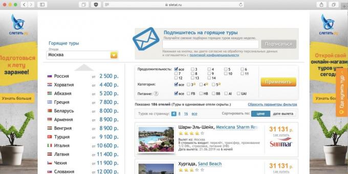 Billige turer kan søkes på Sletat.ru