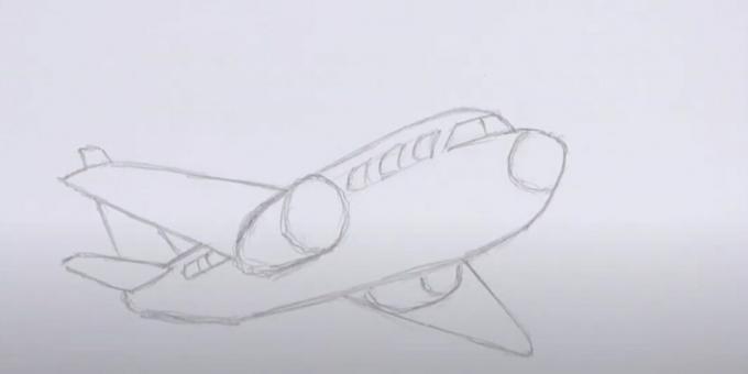 Hvordan tegne et fly: tegne koøyer, glass og motor
