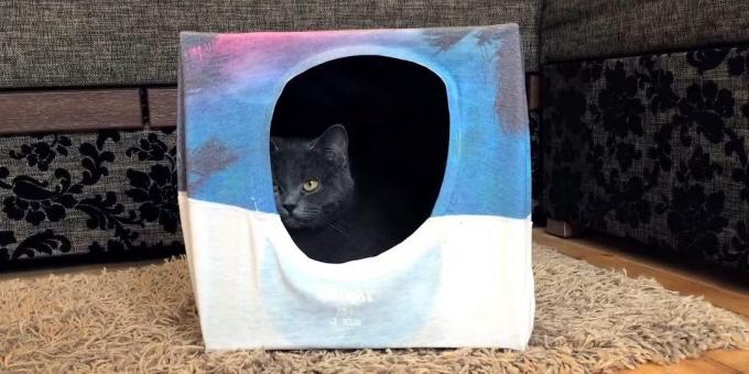 Hvordan lage et hus for katten ut av boksen og t-skjorter med hendene
