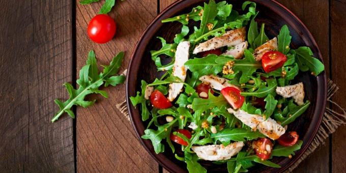 Varm salat med kylling, tomater og ruccola