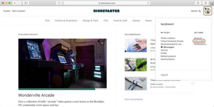 Hvordan kjøpe på Kickstarter: Klikk på profilikonet og deretter - på koblingen Rediger profil
