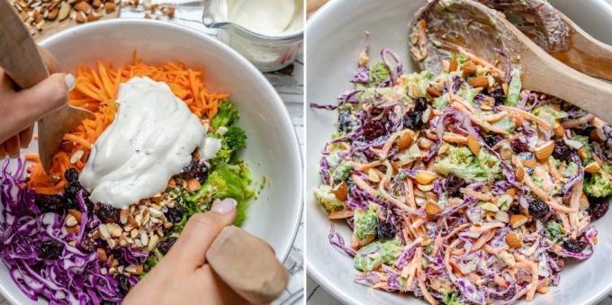 Oppskrift på salat brokkoli, mandler, tranebær og sitron dressing yoghurt