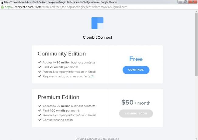 Clearbit Connect: gratis og premium kontoer