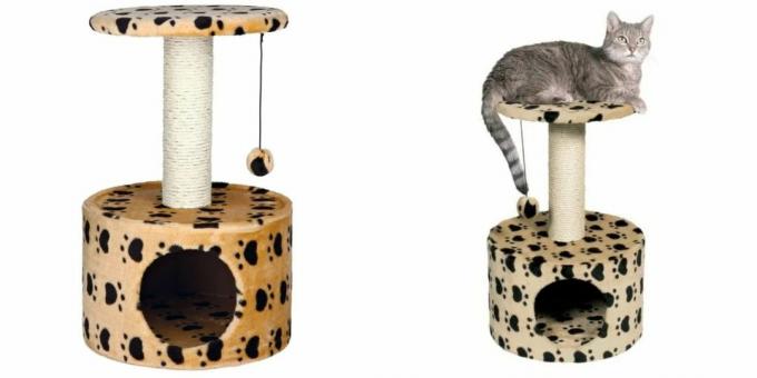 Hus for katter: med et leketøy og et ripestolpe