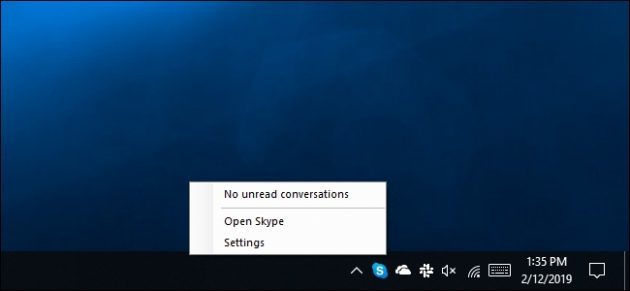 Skype UWP program ikke forutse menyen "Quit Skype»