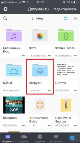 Hvordan laste ned videoer på iPhone og aypad: Åpne Dokumenter-mappen inne i "Downloads"