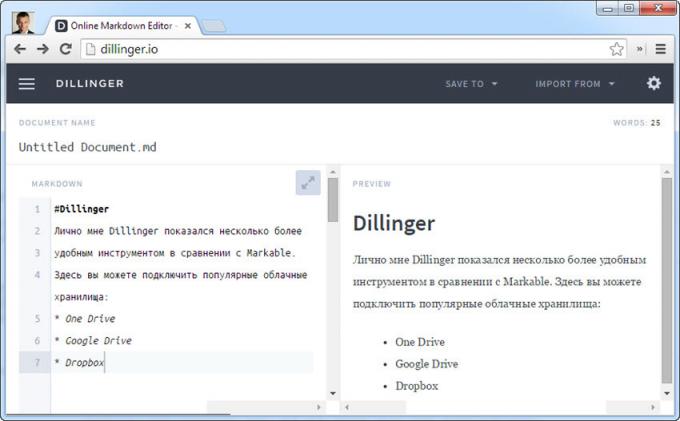 Online redaktør Dillinger tekst forstår Markdown markup language