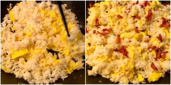 Hvordan lage stekt ris med egg: Når risen er varmet, tilsett bacon, salt og soyasaus og bland godt