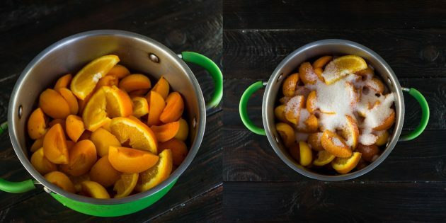 Hvordan lage aprikos og appelsinsyltetøy: tilsett frukt i sukker