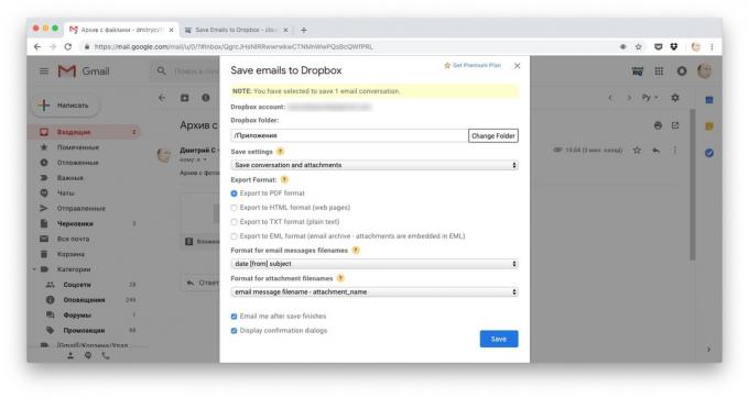 Måter å laste ned filer til Dropbox: kopiere hele brevet ved Lagre e-post til Dropbox