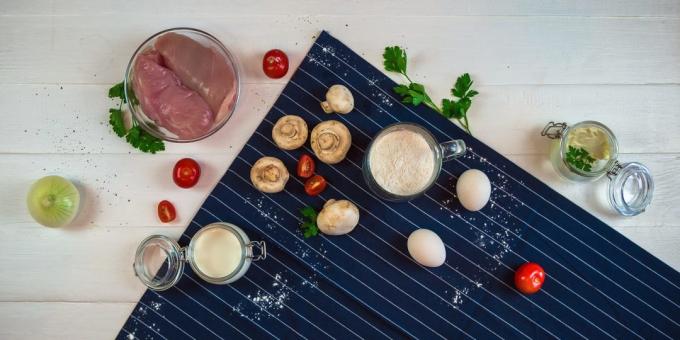 Quiche med kylling og sopp: Ingredienser