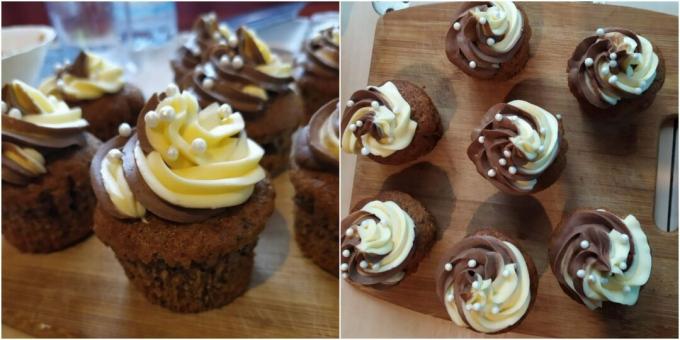 Cupcakes med sjokolademutter med to-tone kondensert melkekrem: en enkel oppskrift