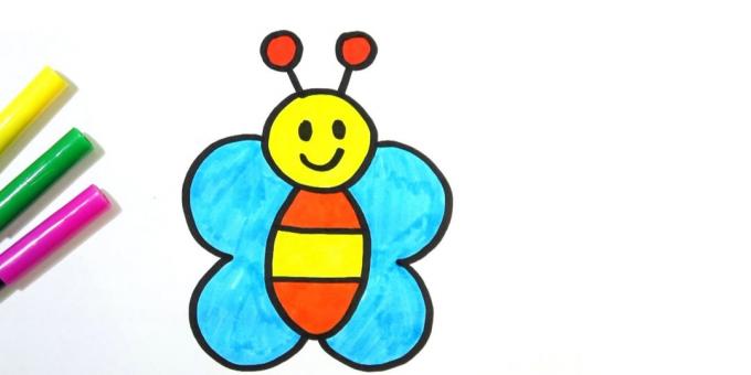 Hvordan tegne en enkel tegneserie sommerfugl med markører eller fargestifter