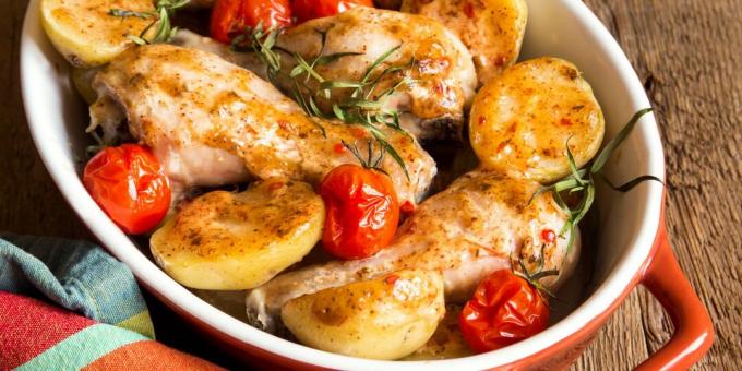 Kylling med poteter, løk og tomater i ovnen