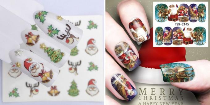 Produkter med AliExpress for å lage en nyttårs humør: klistremerker på neglene julenegledesign