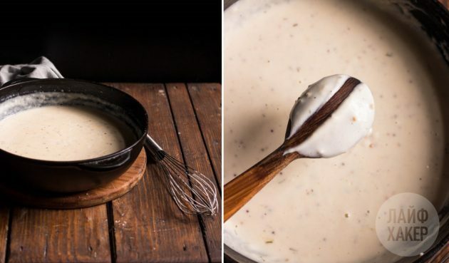 Hvordan lage en saus til et rustikt gresskar, poteter og selleripai: La melken tykne, rør under middels varme i ca 5 minutter