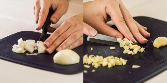 Hvordan koke poteter med kjøtt: hogge løk og hvitløk