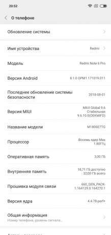 Oversikt Xiaomi redmi Note 6 Pro: System versjon