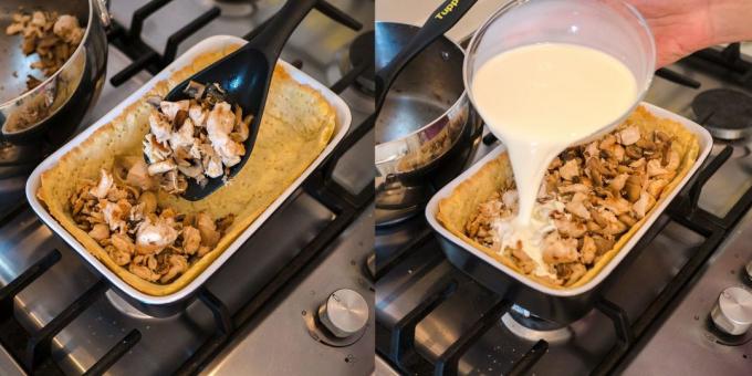 Quiche med kylling og sopp: Legg fyllet og fyll
