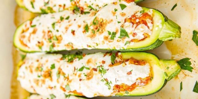 Oppskrifter squash i ovnen: Båter zucchini med kjøtt og ricotta
