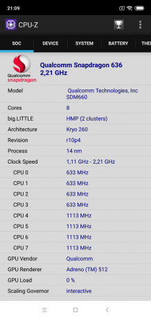 Oversikt Xiaomi Mi 8 Lite: CPU-Z (SOC)