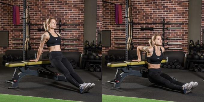 Programmet for jenter trener i gymsalen: Omvendt push-ups på benken