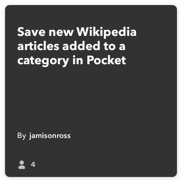 IFTTT Oppskrift: Lagre ny Wikipedia-artikler lagt til en kategori i Pocket kobler wikipedia til lomme