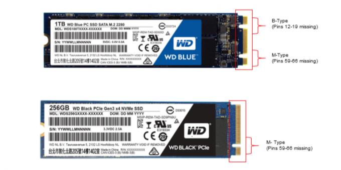 Hva er bedre SSD: SSD M.2 c nøkkel B + M (øvre) og SSD M.2 med nøkkel M (nederst)