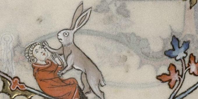 Barn i middelalderen: en hare angriper en mann, Breviary av Renaud de Bara