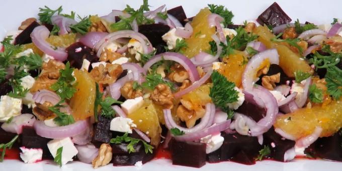 Salat av kokte rødbeter med appelsin, nøtter, fetaost og sitrus-honning dressing