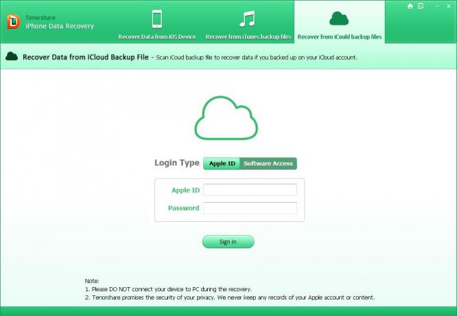 Tenorshare iPhone Data Recovery: autentisering ved hjelp av iCloud-konto