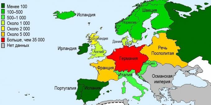 Antall drepte hekser i europeiske land i det 15. - 17. århundre.